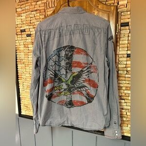 Vintage Y2K Ed Hardy Pearl snap graphic logo patchwork button down shirt sz M